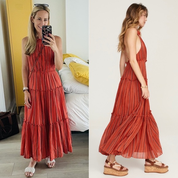 ULLA JOHNSON Cotton Stripe Sleeveless Halter Neck Open Back Tier Ruffle Dress 10 - Picture 3 of 14